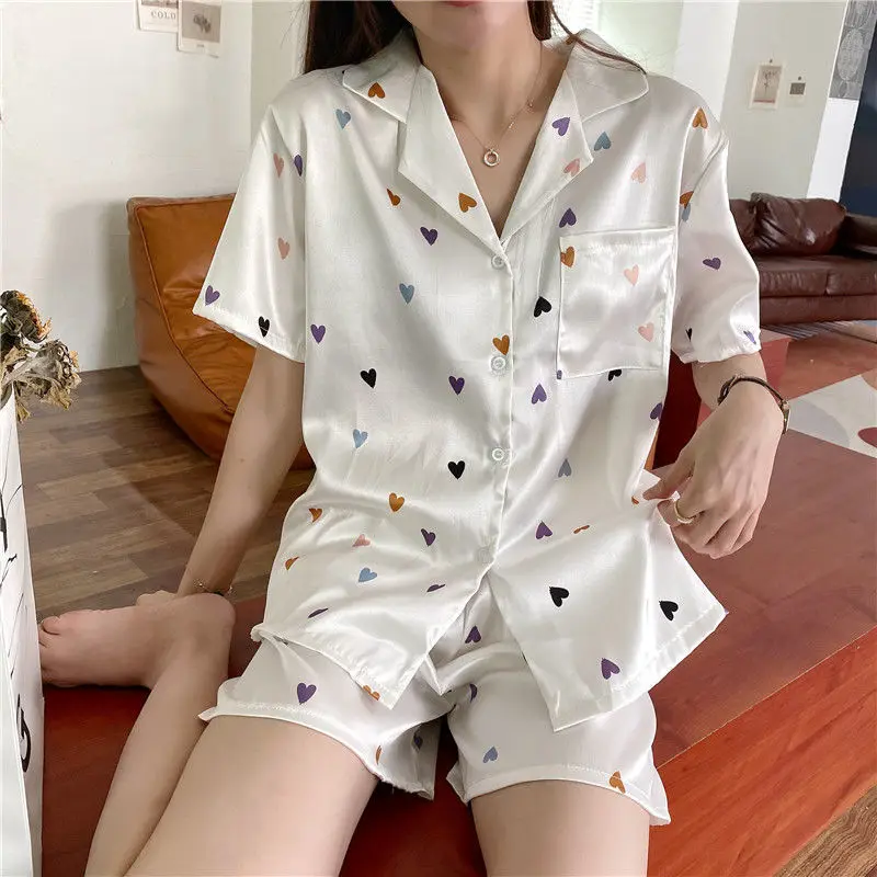 Women Pajama Sets Short Sleeve Tops Heart Printed Pants Lovely Girls Soft Nightwear Slouchy Females Lounge Sleep Home Teenagers