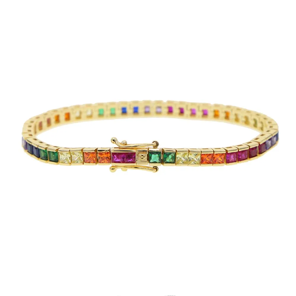 New Shiny Cz Fine Bracelet Rainbow Colorful Square Cz Tennis Chain Gorgeous Trendy Full Cubic Zirconia Bangle Fashion Jewelry