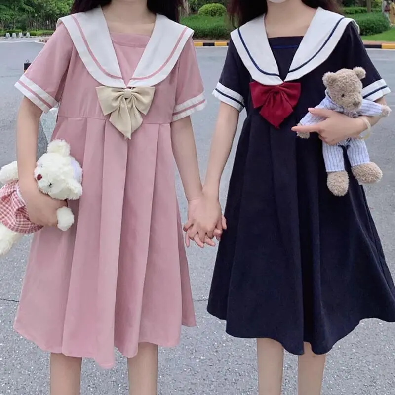 A-line Dress Women Sweet Kawaii Japanese Style College Autumn New Sailor Collar Patchwork Bow Fashion Leisure Loose Popular Chic