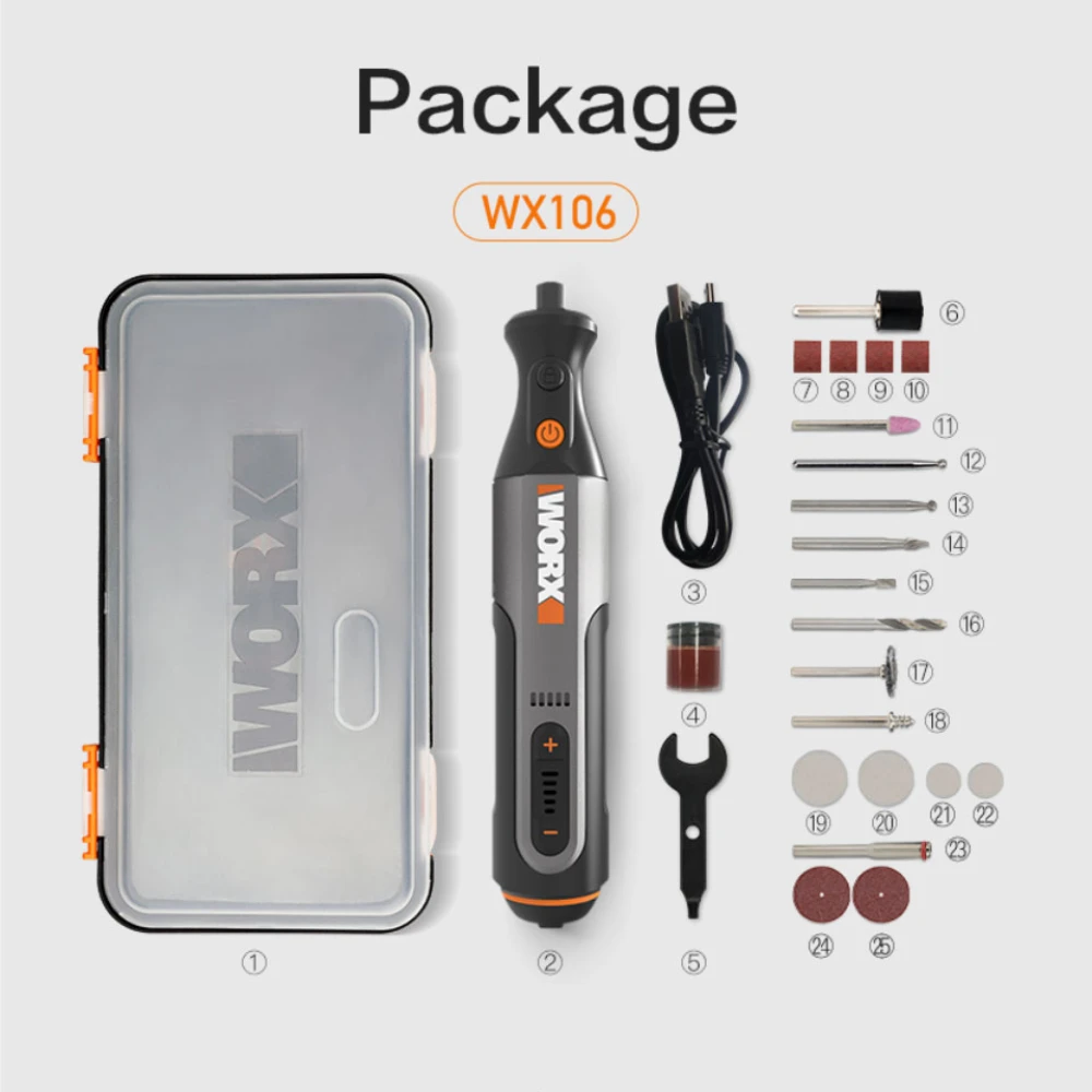 Worx 8V Rotary Tool WX106 Cordless Mini Drill Engraving Grinding Polishing Machine USB Charger Variable Speed Power Tools + Bits