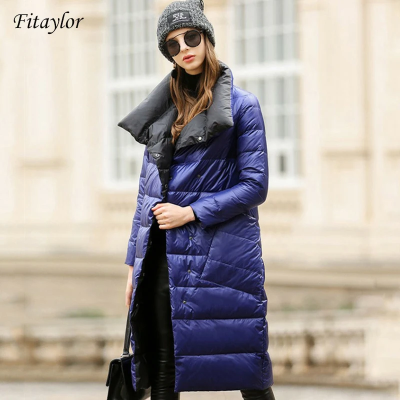 Fitaylor Women Down Jacket Long Coat Winter Warm Double Sided Ultra Light White Duck Down Parka Female  Snow Outwear