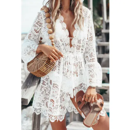 Female Floral Hollow Out Cover-Ups Bathing Beachwear Lace Crochet Swimwear Cover Ups Beach Dress Tunic Beach Dress S-XL