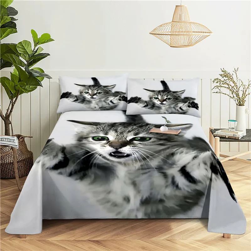 Cute Cat 0.9/1.2/1.5/1.8/2.0m Digital Printing Polyester Bed Flat Sheet With Pillowcase Print Bedding Set