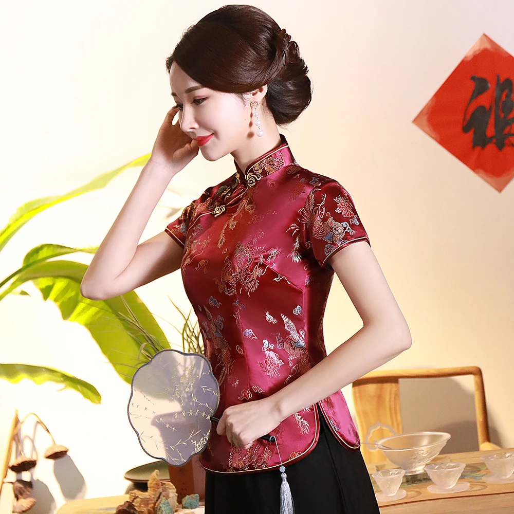 Chinese Style Short Sleeve T-shirt Traditional Chinese Mandarin Collar Women Qipao Tops Vintage Dragon Phoenix Tang Coat 4XL