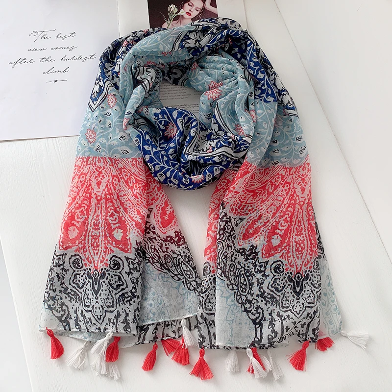 

2020 New Spring Flower Print Tassel Scarves Shawls Long Beach Soft Viscose Floral Wrap Scarf Hijab Free Shipping