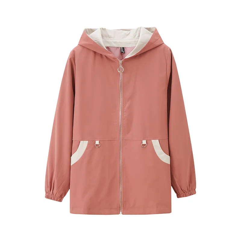 

Plus Size 2XL-5XL Women Trench Coat New Spring Autumn Color Matching Hooded Overcoat Female Windbreaker Casual Tops