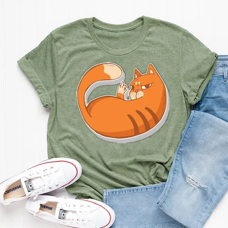 Finger Funny Cat Shirt Fashion y2k goth  Women T Shirt Harajuku Short Sleeve Mama Top Tees O Neck 100% Cotton Mother Casual