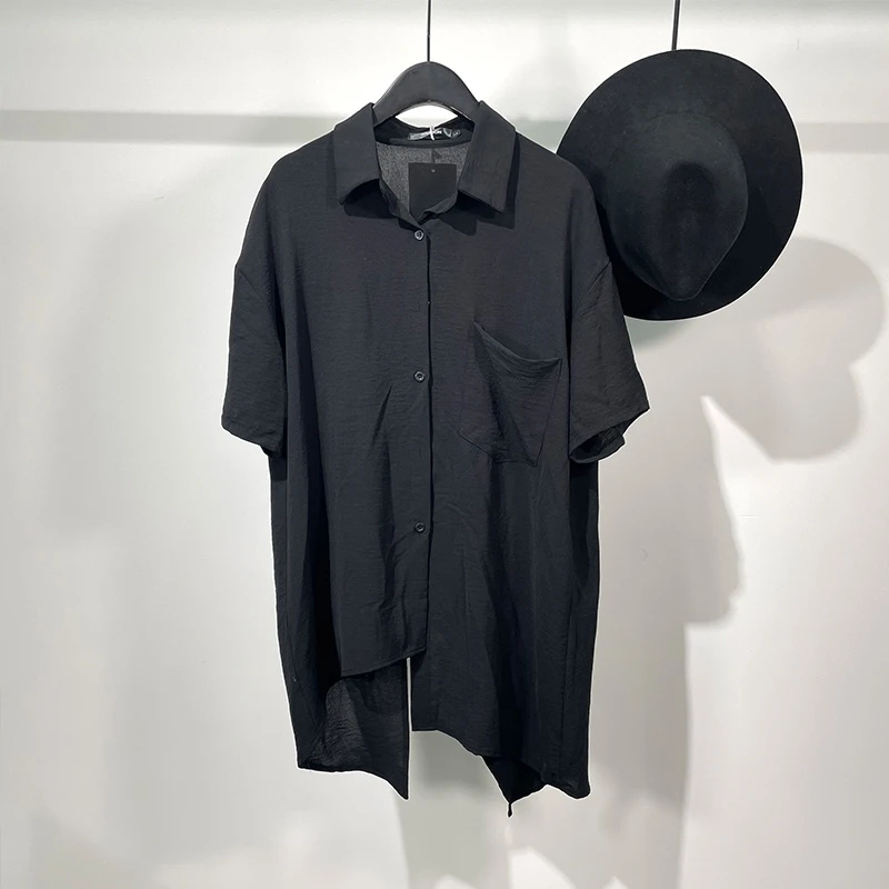 Men's Short Sleeve Shirt Summer New Black Square Collar Irregular Three-Dimensional Quick Dry Loose Fashion Trend Shirt