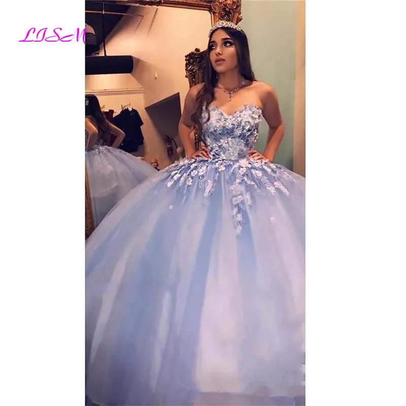 Vintage Zoete Baljurk Quinceanera Jurken Kant 3D Bloemen Cinderella Kralen Arabisch Vestidos De 15 Anos Lange Party Dress