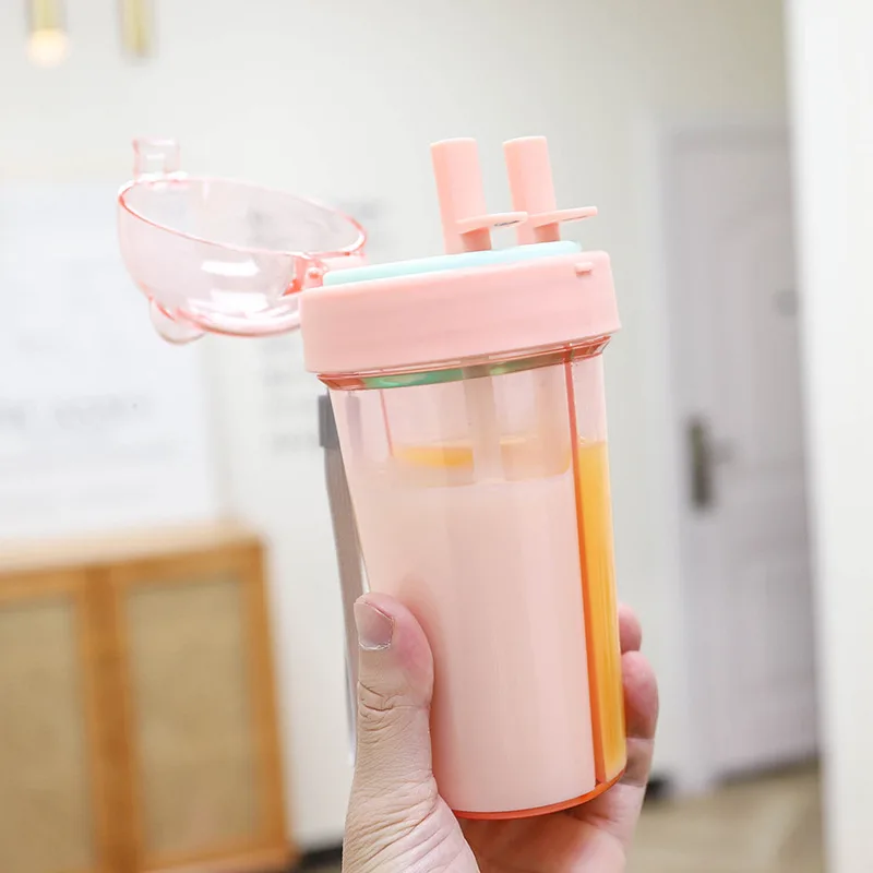 420ml creative cute cup of double-drinking plastic cup portable separated children\'s water cup smoothie boba milk tea straw cup