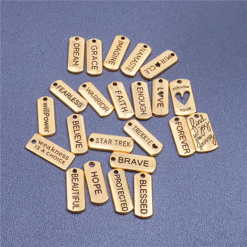 24pcs Word Tags Pendant Charms Antique Gold Color Blessed Faith Believe Trust Family Fearless Dream Hope Forever Love Charms