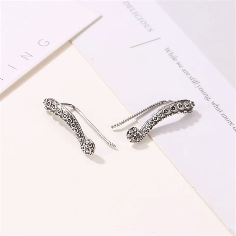 Metallic Retro Curved Octopus Tentacle Copper Silver Plated Ear Cuff Stud Earrings for Women