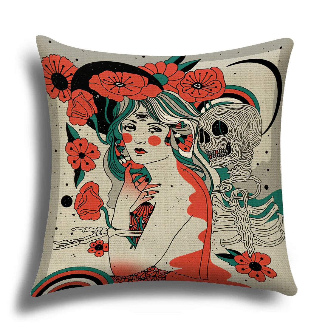 Girl skull illustration cushion cover, linen pillowcase, Cushion cover 50x50, Sofa cushion cover, you can customize your pattern