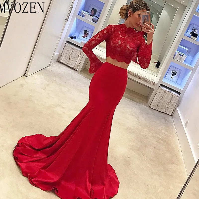 Robe de soirée deux pièces rouge en dentelle, style sirène, manches longues, longueur au sol, robes formelles