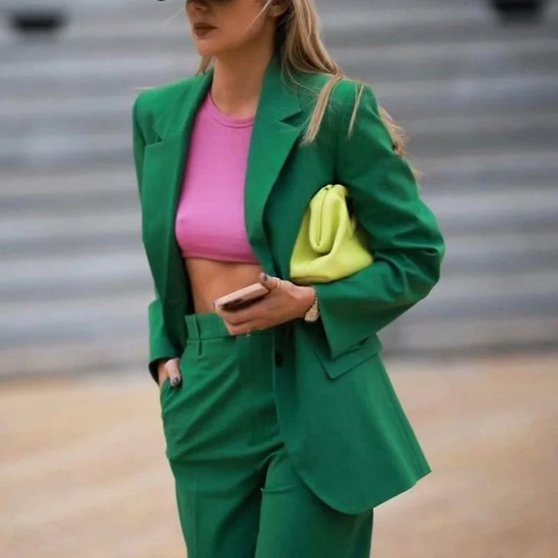 Vintage Women Green Jackets Spring Autumn Fashion Ladies Elegant Slim Blazers Streetwear Girls Chic Tops Office Work Formal Wear