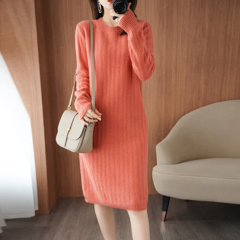 New 100%Pure Cashmere Knit Dress Women Wool Long Sweater Wild Over-Knee Bag Buttocks Large Size 2021Winter Long Skirt Thick Warm