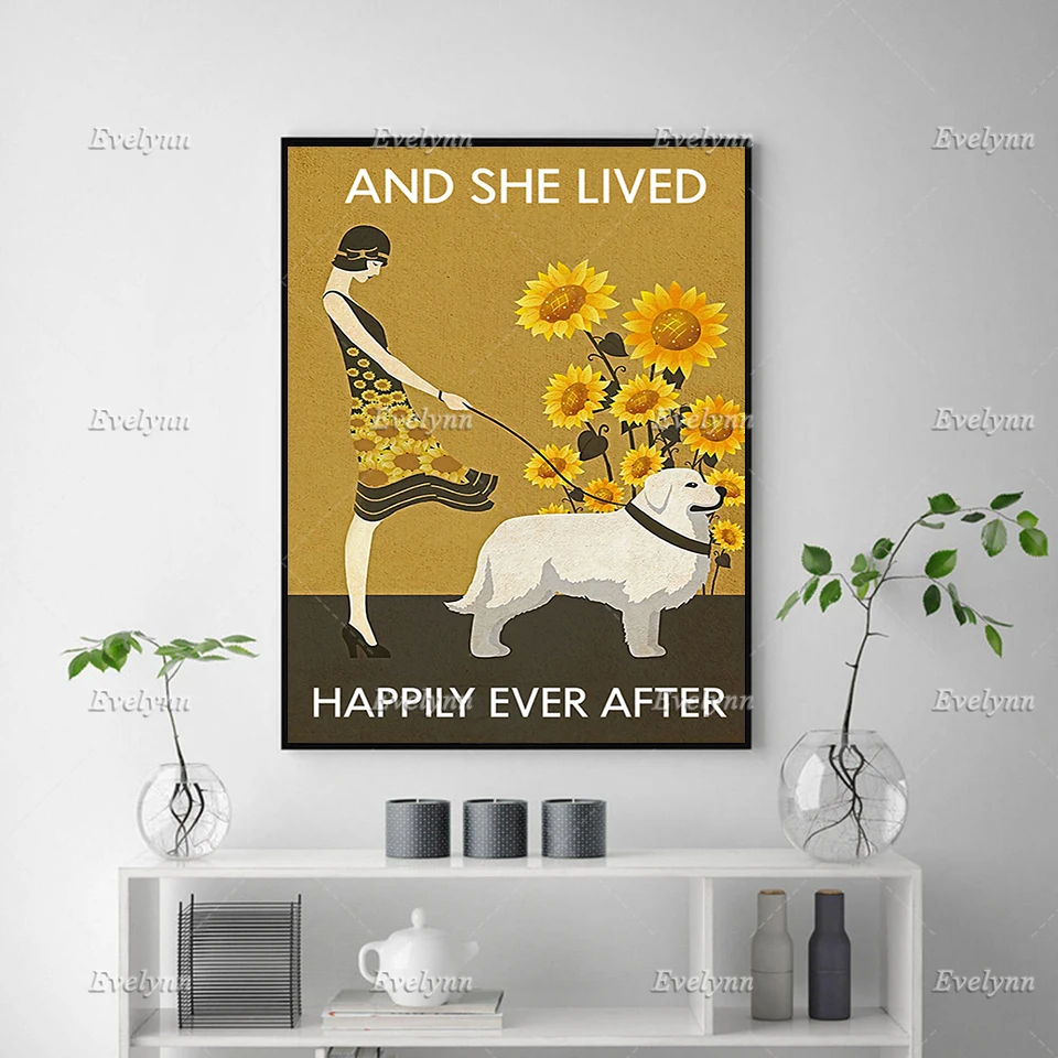 Sunflower Girl And White Dog - And She Lived Happily Ever After Poster, Vintage Wall Art Prints Home Decor Canvas Floating Frame