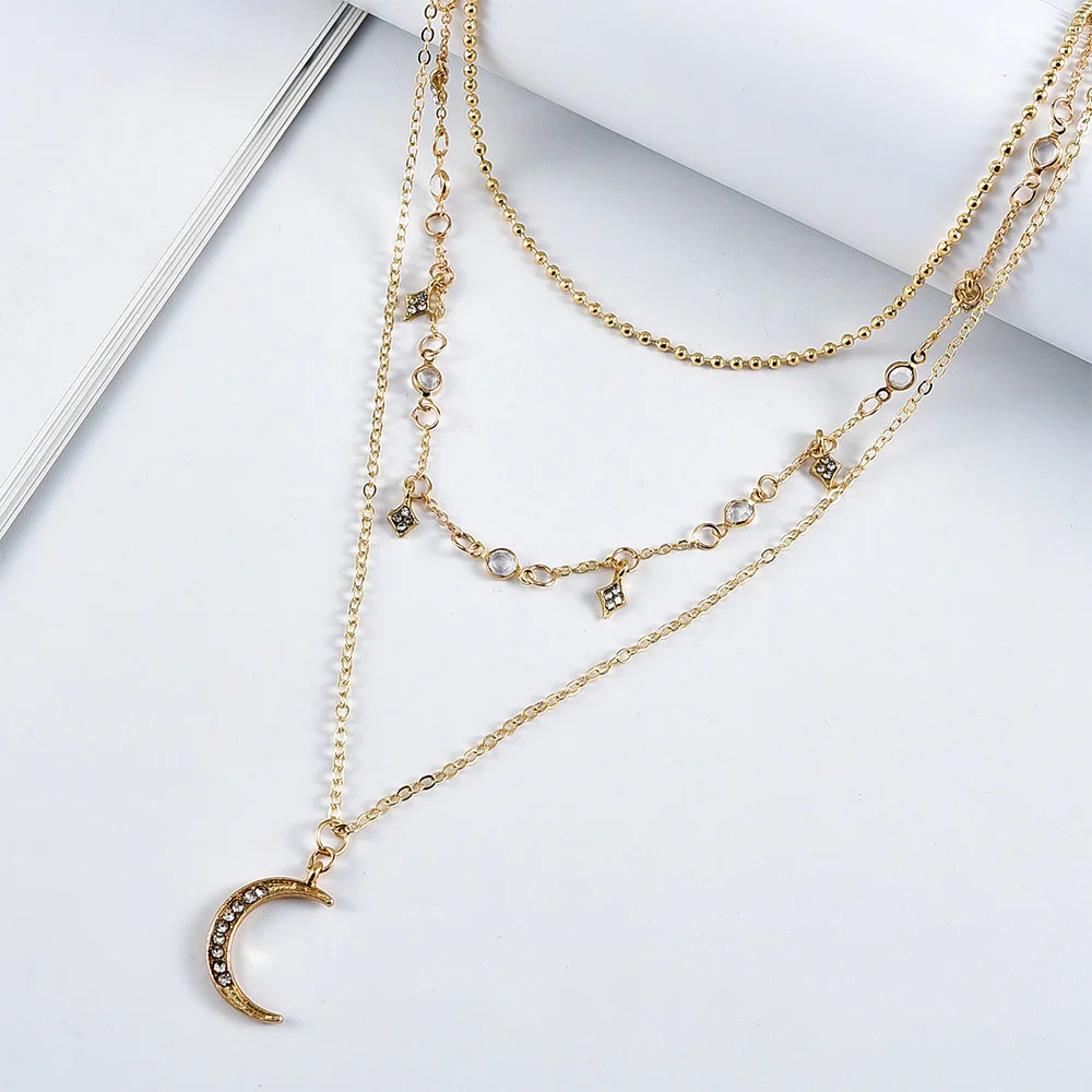 2020 New Vintage Multilevel Gold-plate Necklaces For Women Fashion Crystal Moon Star Pendant Necklace 2020 Female Boho Jewelry image 5