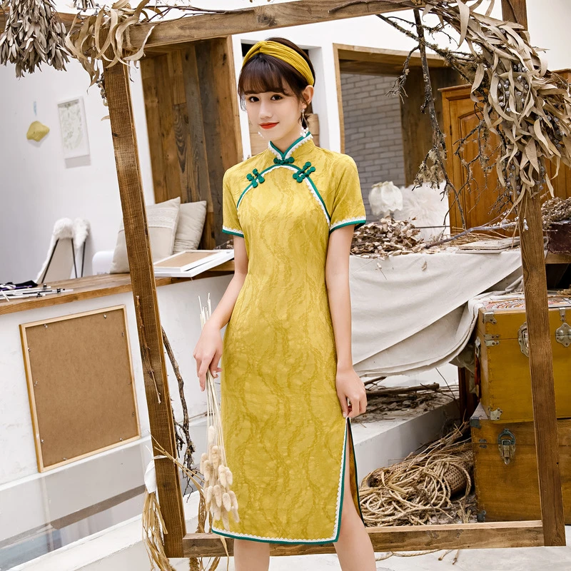 

Yellow cheongsam female vestidos slim mid-length cheongsam dress young cheongsam girl improved daily elegant Chinese cheongsam