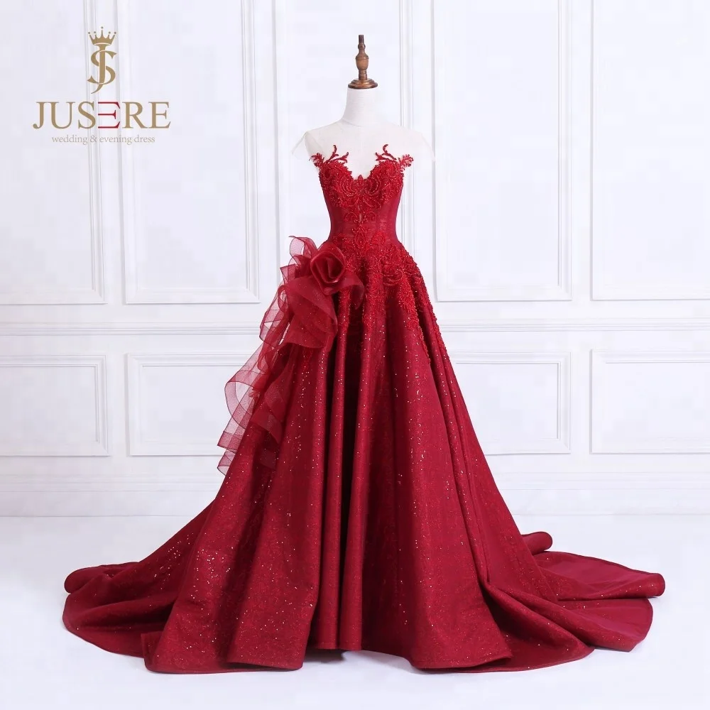 Luxury  Jusere Red A-Line Appliqued Beaded evening dress sleeveless Prom Dresses Evening Party Gown