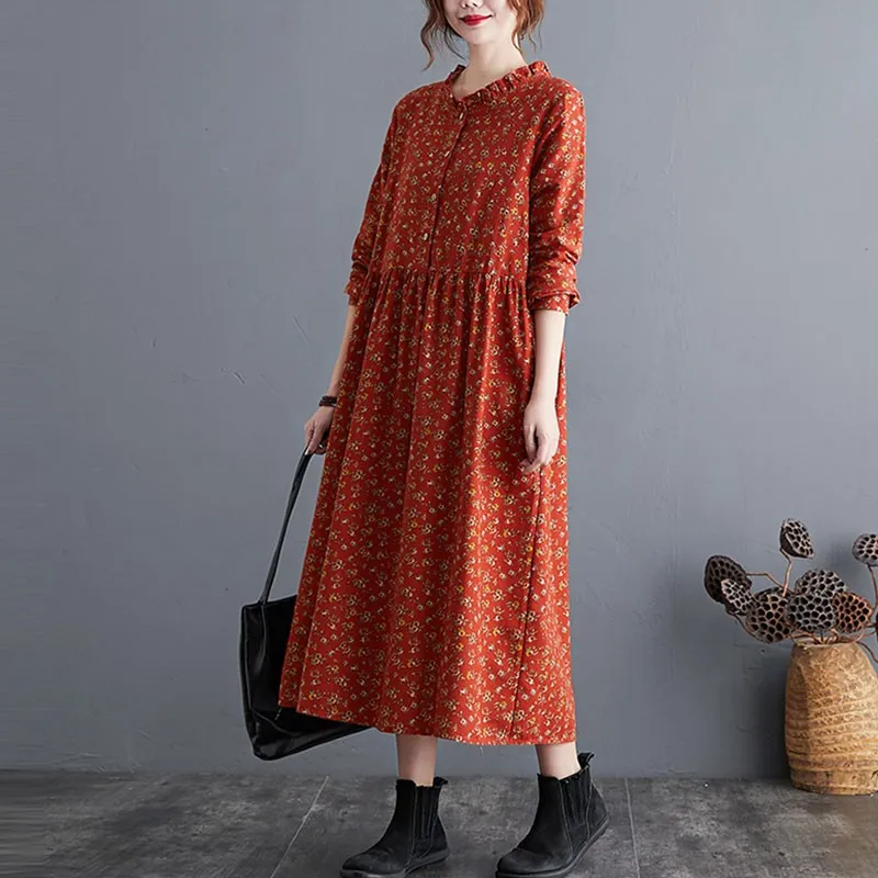 Women Cotton Linen Casual Long Dress New 2020 Autumn Vintage Floral Print Stand Collar Ladies Elegant A-line Dresses S2115