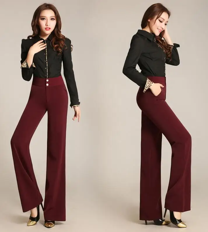 High waist women fashion office work pants plus size wide leg ladies formal trousers black red female wide leg pants