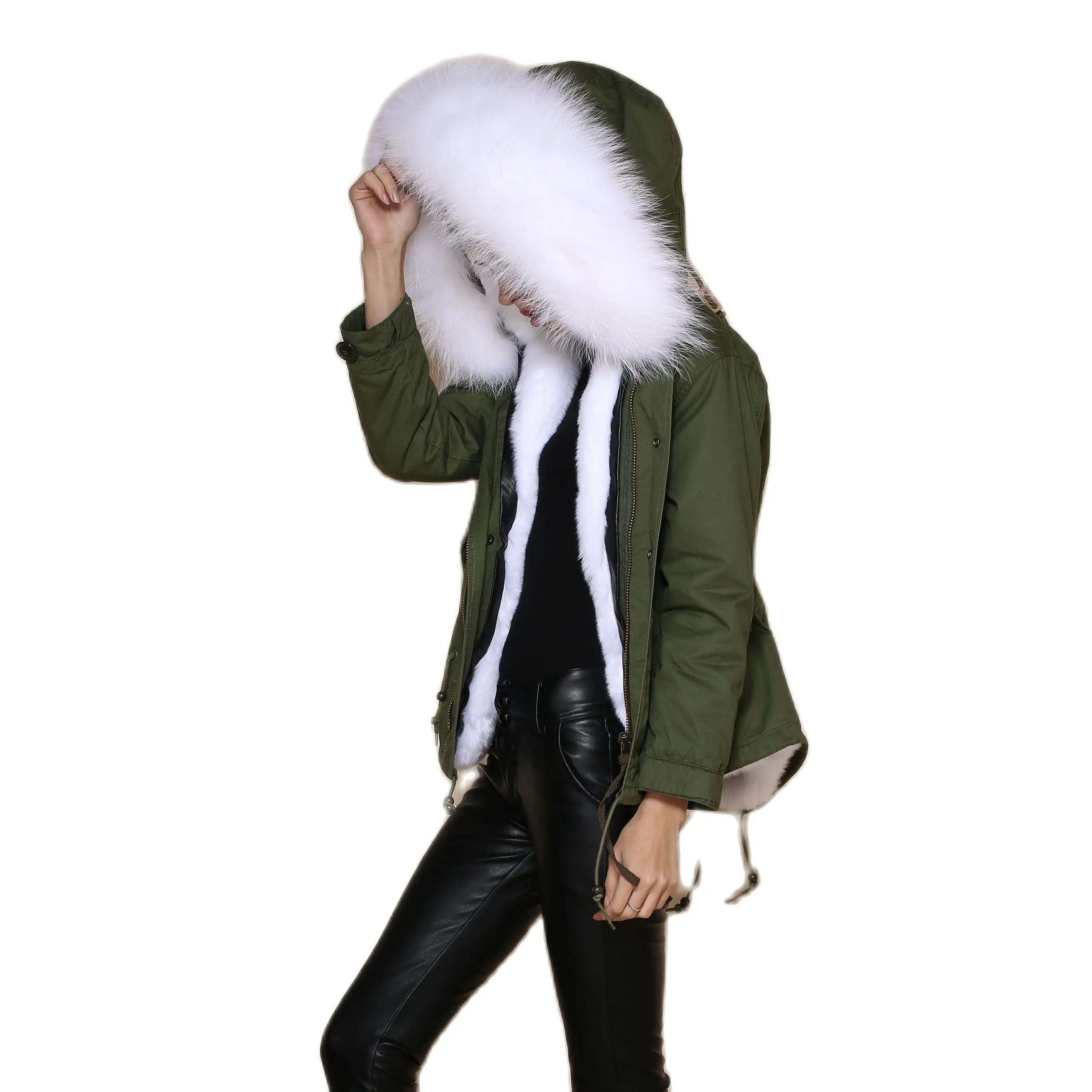 Hot Sale White Faux Fur Lined Parka Winter Short Coat For Women With White Raccoon Fur Collar