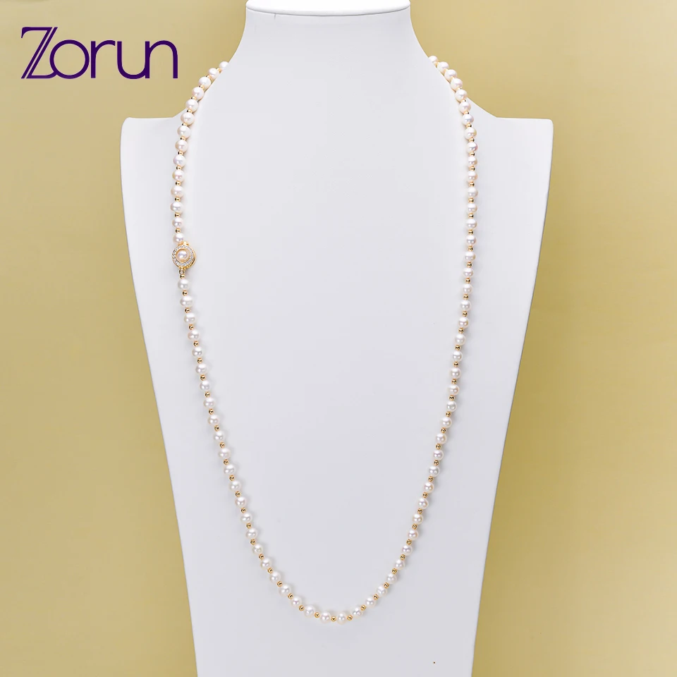 

Zorun Real Freshwater Pearl White 7-8MM Sweater Chain Necklace with Gold Color Adjustable Clasp Fine Jewelry For Women New