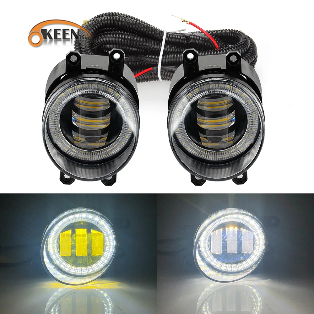 

OKEEN 2pcs 4Inch Round Car LED Fog Light 60W 6000K White Angel Eyes DRL Yellow Halo Ring Fog Lamps For Toyota Corolla Camry RAV4