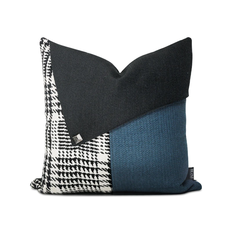 

Blue Black White Plaid Patchwork Cushion Cover For Living Room Square Throw Pillowscase Home Decorative Sofa Cushions Pillows