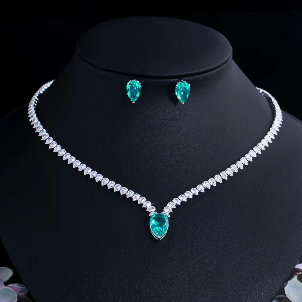 CWWZircons Elegante Große Hellgrüne Wassertropfen CZ Halskette Ohrringe Damen Verlobungsfeier Kostüm Schmucksets Großhandel T0773 – Detail 7