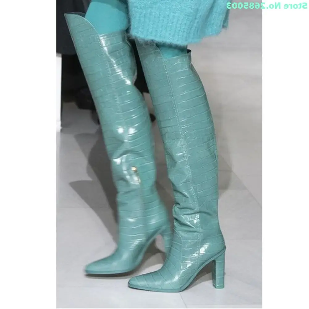 Leather Solid Pointed Toe Boots Over The Knee Side Zipper Square Thick Heels Women Autume Winter Party Dress Boots Shoes