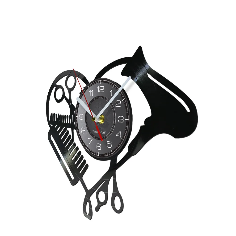 Barber Shop Tools Vinyl Record Wall Clock Beauty Hair Salon Heart Shape Dryer Scissor Comb Hairstylist Design Silent Clock Watch