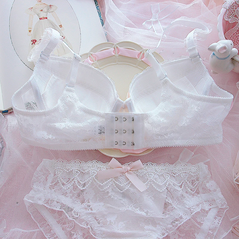 Wriufred Sweet lace princess girl lingerie underpants heart cute loli small chest gathered bra sexy steel ring underwear set
