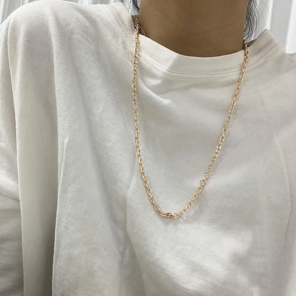 5mm Womens 585 Rose Gold Color Necklaces Cable Link Chains On Neck 50cm 60cm Vintage Jewelry Dropshipping CN50