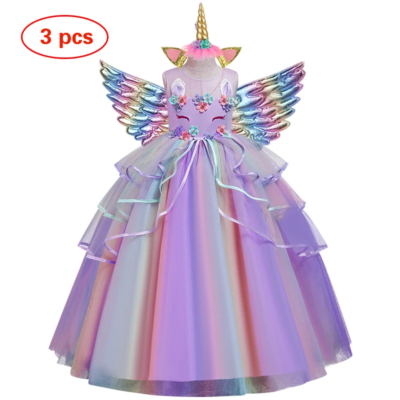 Girl's Long Unicorn Rainbow Wedding Party Dress Girl's Birthday Party  Unicorn Character Dance Performance Dress Three Piece Set - AliExpress 1501