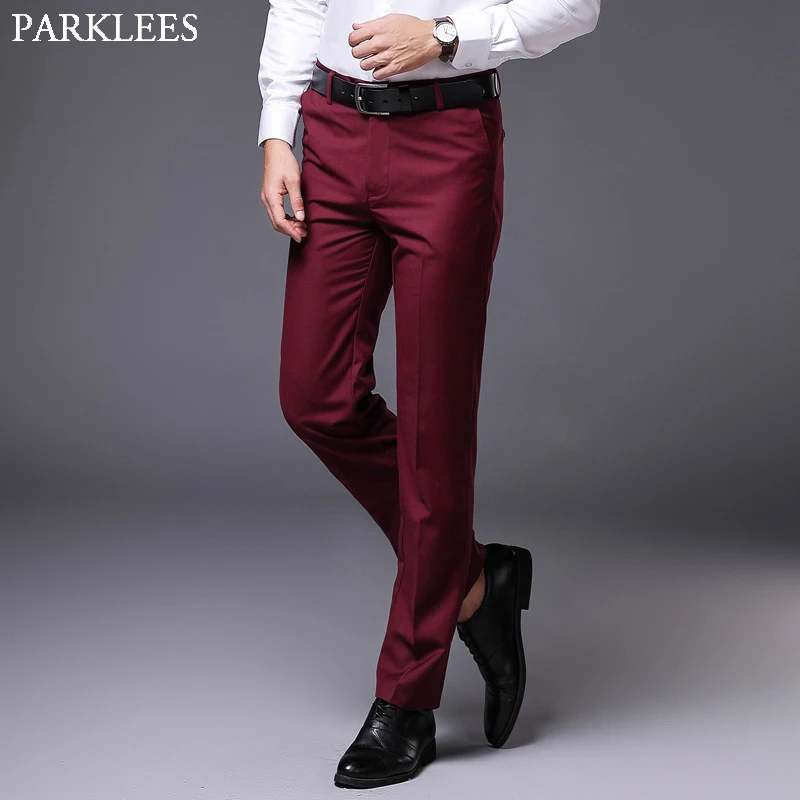 Erkek Slim Fit düz takım elbise pantalonları 2022 marka düz-ön nedensel pantolon erkek iş resmi ofis de Vestir Hombre şarap kırmızı