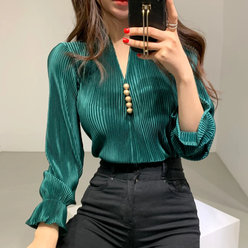 

Women Clothing Korean Spring Niche Temperament V-neck Chic Button Loose Blouse Solid Color Pit Strip Flared Sleeve Shirt