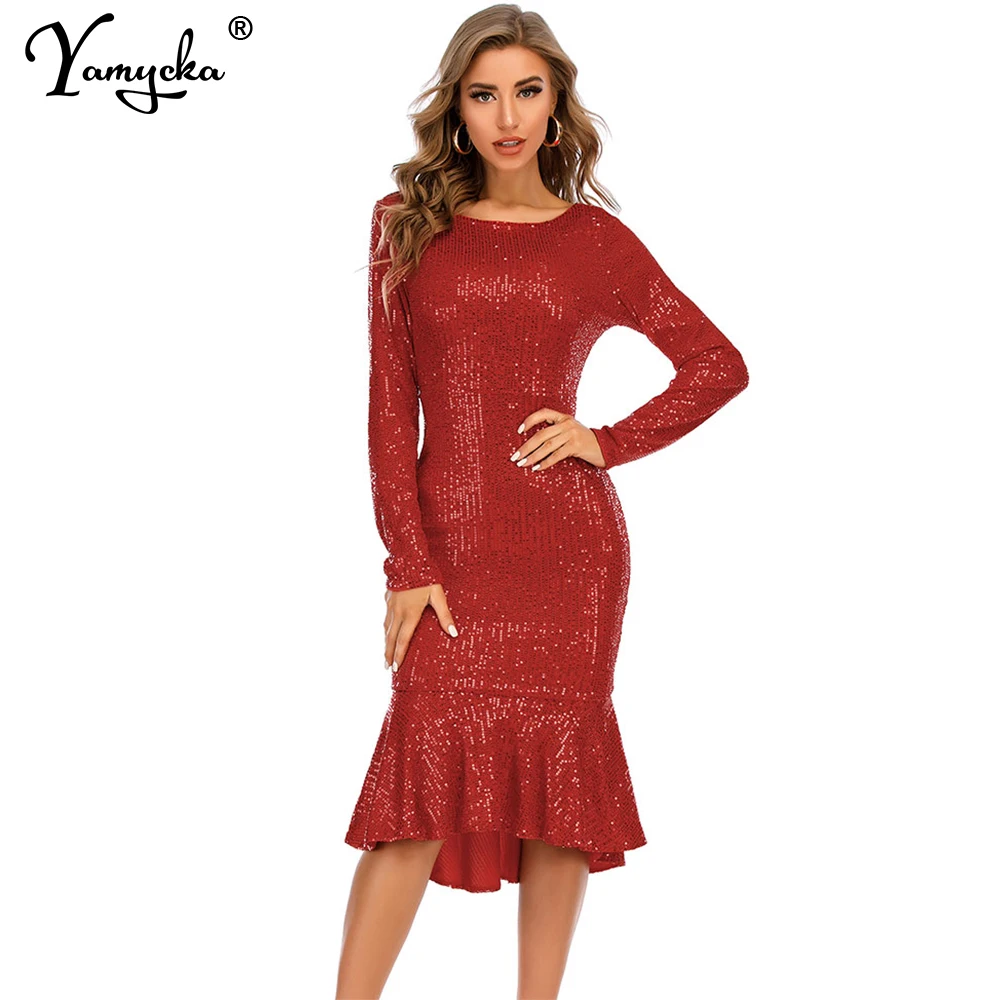 

Sexy vintage Red sequin Long sleeve dresses for women casual elegant Night club outfits party dress bodycon woman Dress vestidos