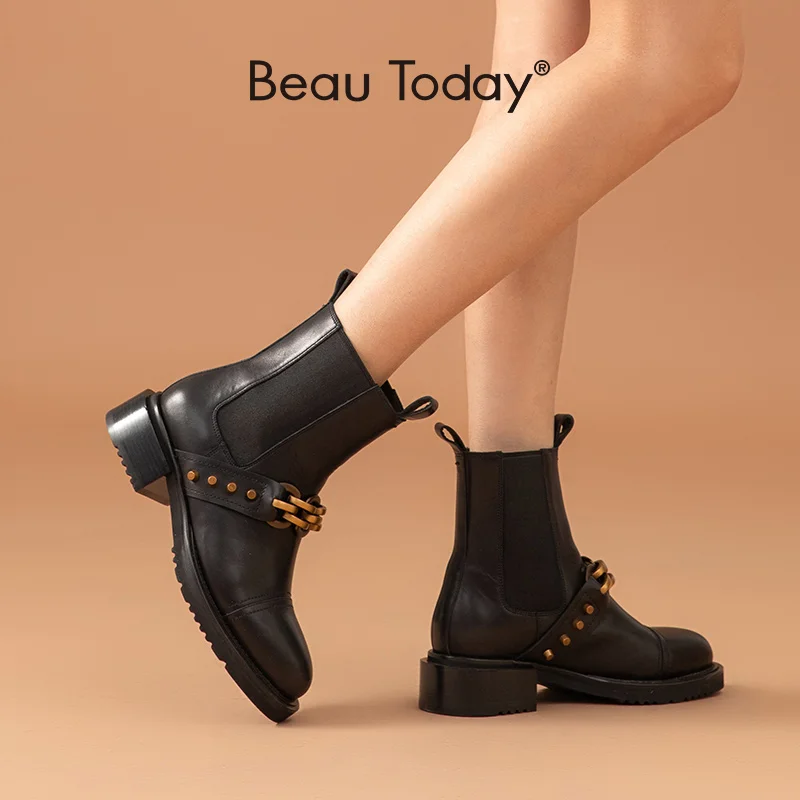 

BeauToday Chelsea Boots Women Calfskin Leather Metal Chain Rivet Decor Elastic Band Ankle Length Female Shoes Handmade 03852