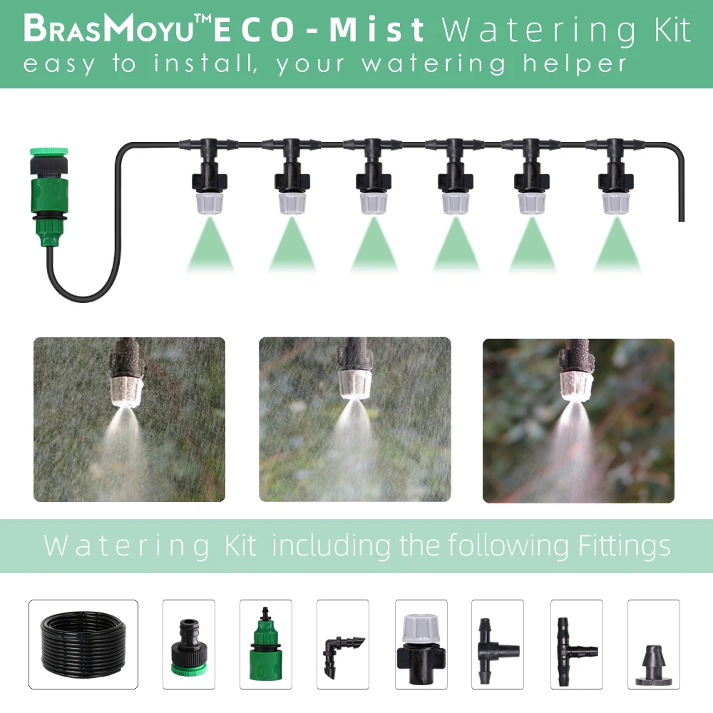 BRASMOYU 10-50M 4/7MM Micro Cooling System Garden Misting Irrigation Set Flower Watering Kit Eco Atomizer Nozzle Sprinklers Kit