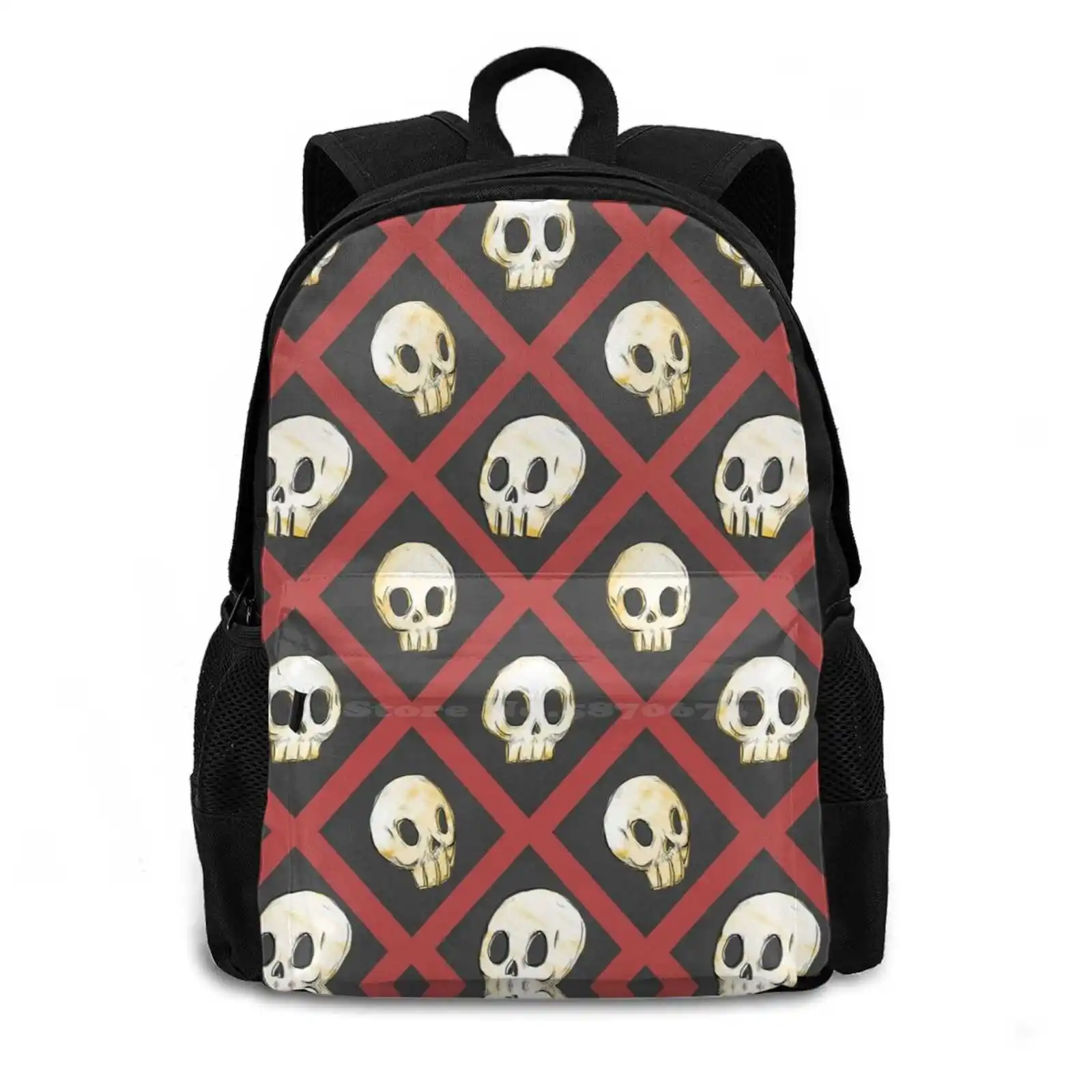 Tiling Skulls 2 / 4-Red Teen College Student Backpack Pattern Design Bags Skull Spooky Emo Goth Halloween Haunted Mansion