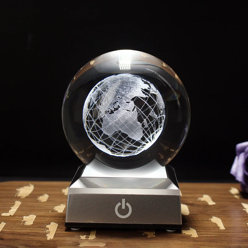 3D Laser Engraved Crystal Earth Miniature Model Globe Home Decoration Glass Ball Crystal Craft Gift LED Lamp Holder