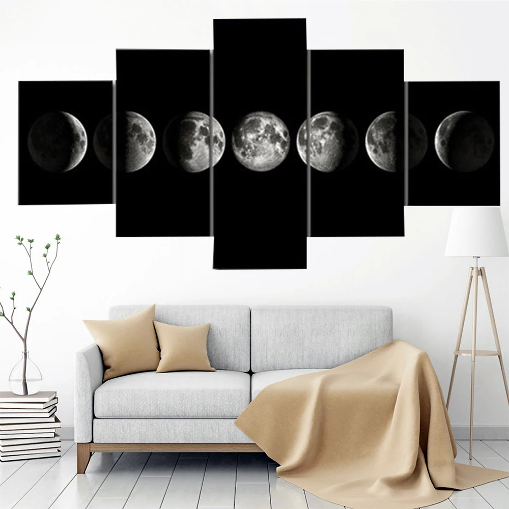 

5 Piece Wall Art Canvas Painting Black Moon Poster Modern Living Room Nordic Decoration Home Modular Framework Pictures