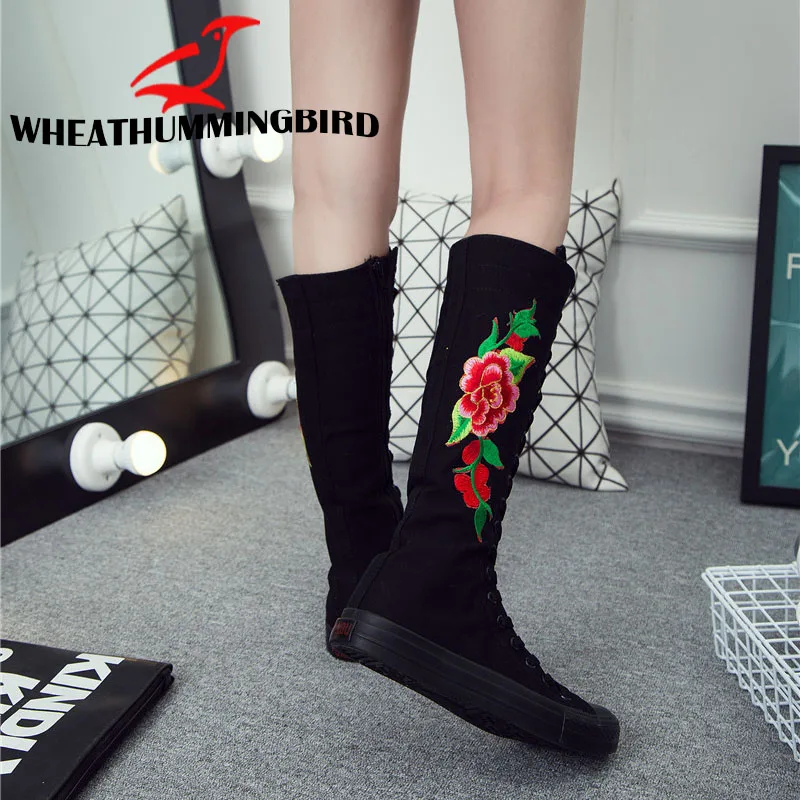 Big Size 34-43 Women fashion High-top zipper Embroider flat boots Long-barreled casual flats canvas boots Tall Punk Shoes MA-78