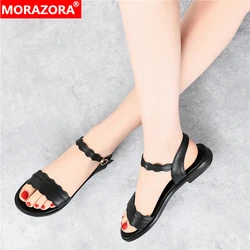 MORAZORA Plus size 34-43 New Genuine Leather Shoes Woman Buckle Flat Sandals Solid Color Casual Summer Women Sandals Footwear