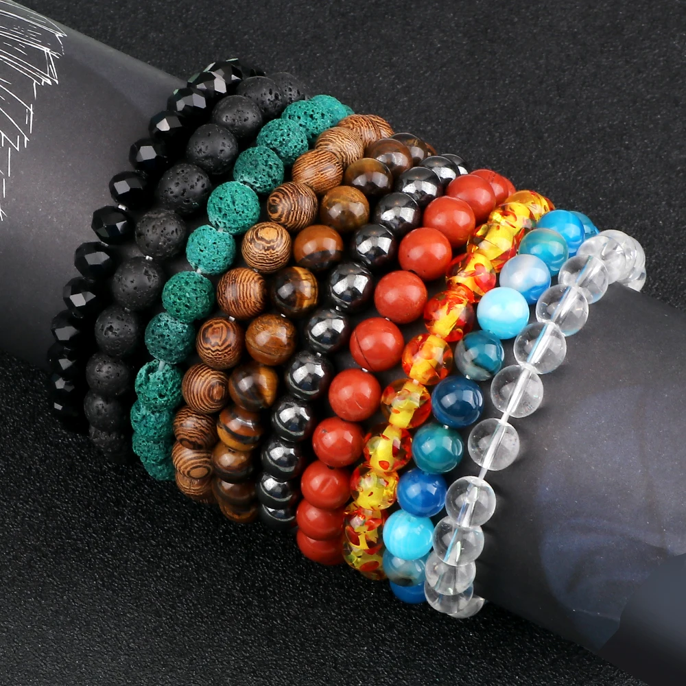 Men Beaded Bracelet Natural Tiger Eye Stone Healing Energy Bracelets 8mm Lava Rock Agates Stretch Bangle Women Yoga Jewelry Gift