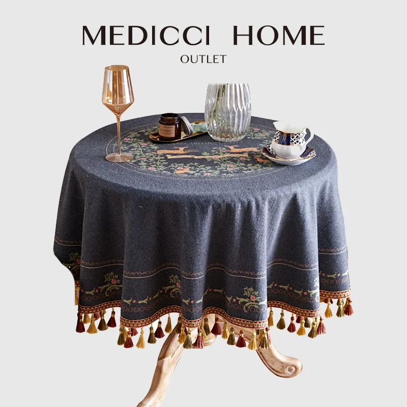 

Medicci Home American Retro Round Tablecloth With Tassels Animal Deer Floral Print Soft Textured Table Cover Balcony Table Cloth