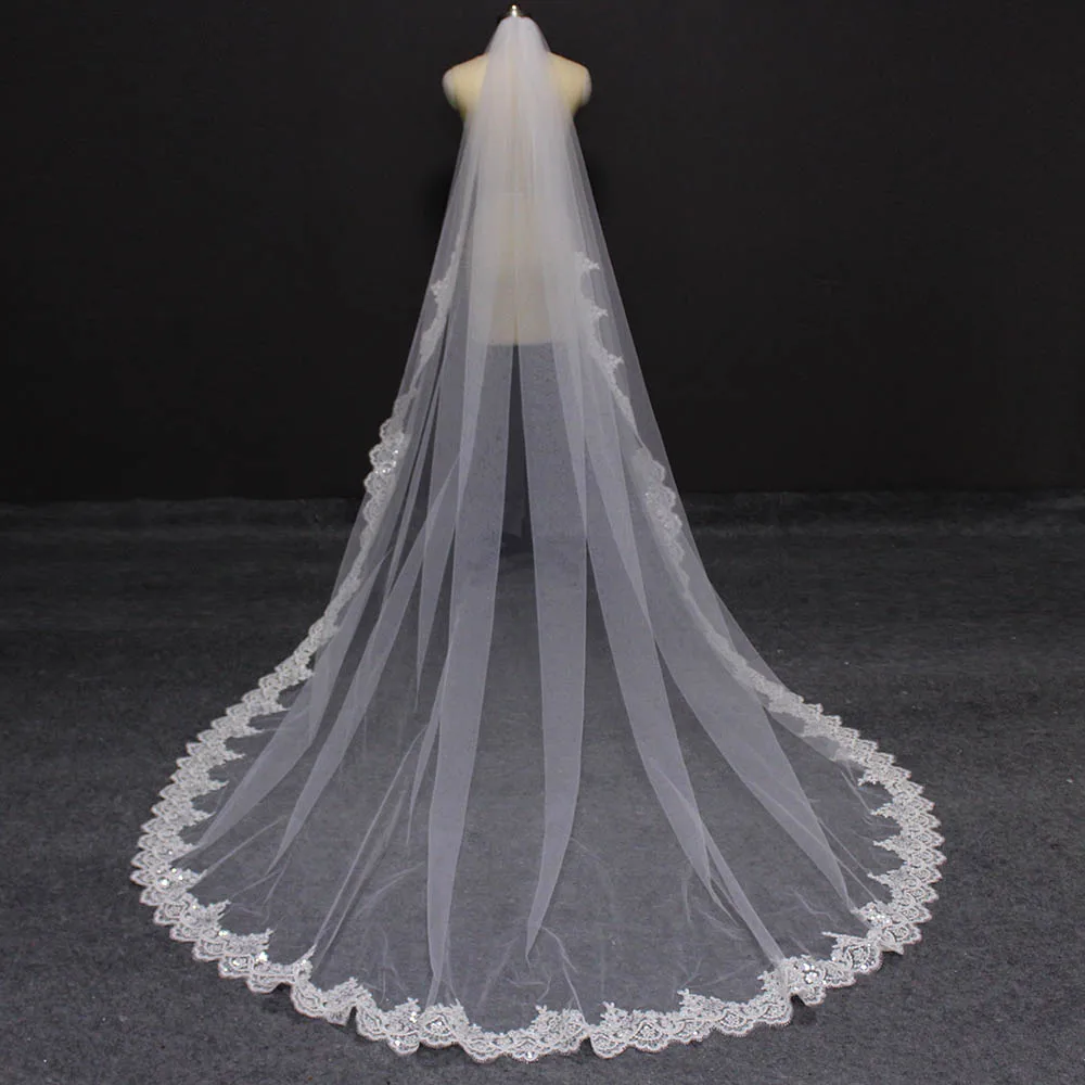 Voile de mariage avec peigne blanc ivoire, paillettes soignées, bord en dentelle partielle, 3 M, 300cm de Long, accessoires de mariée, nouvelle collection