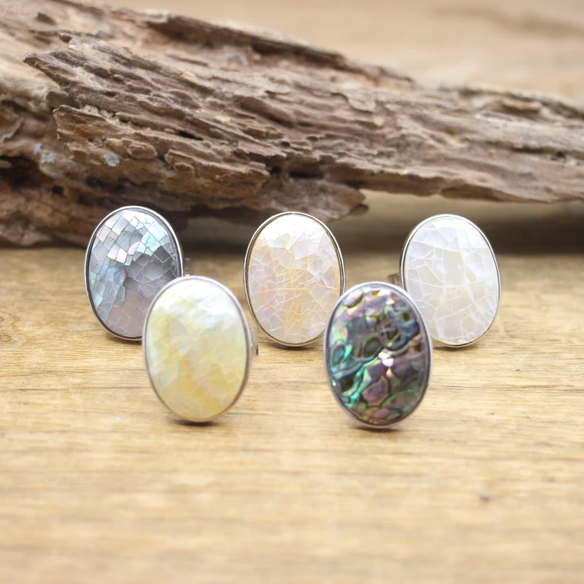 Oval Paua Shell Silvery Ring Round Natural Rainbow/Pink/White Abalone Shell Resizable Ring Women Fashion Summer Jewelry,QC4134